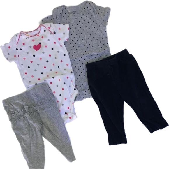 Carter's Other - 4 piece lot Bundle 2 snap crotch polka dot bodysuits 2 pants ruffle butt 6 month